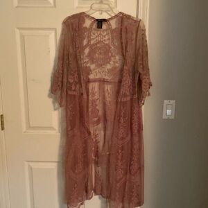 Dusty rose long crochet woven duster/kimono